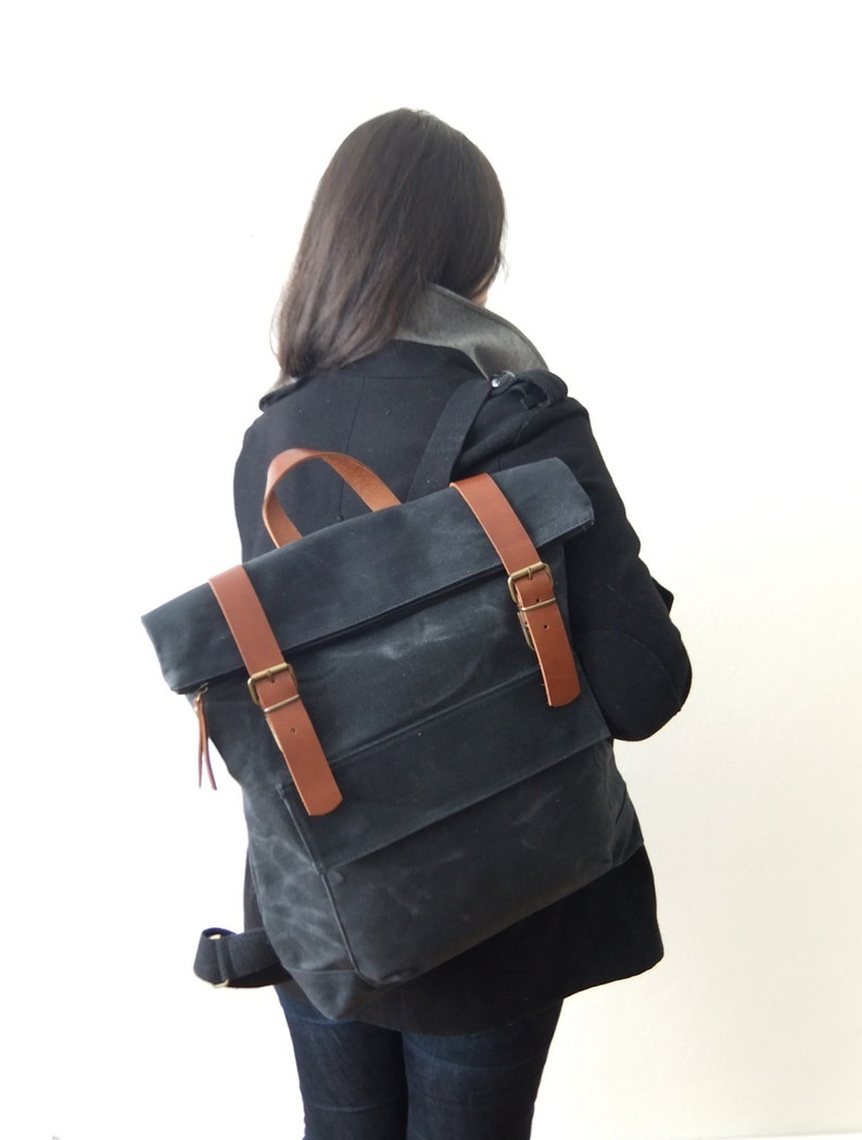 Waxed Canvas Backpack in Black, Gift for Dad, Father's Day Gift Zippered Foldover Closure, Leather Accessories shops - 15