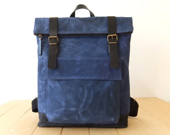 Waxed Canvas Backpack in Blue - Adjustable Cotton Straps - Zippered Foldover Closure - Leather Accessories - 15" Laptop - Waterproof Bag