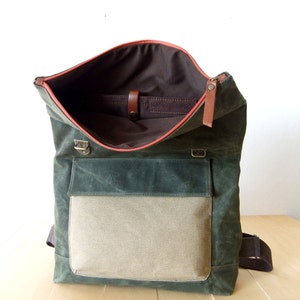 Waxed Canvas Backpack in Olive Green Adjustable Cotton Straps Orange Zipper Leather Accessories 15 Laptop-Waterproof image 5