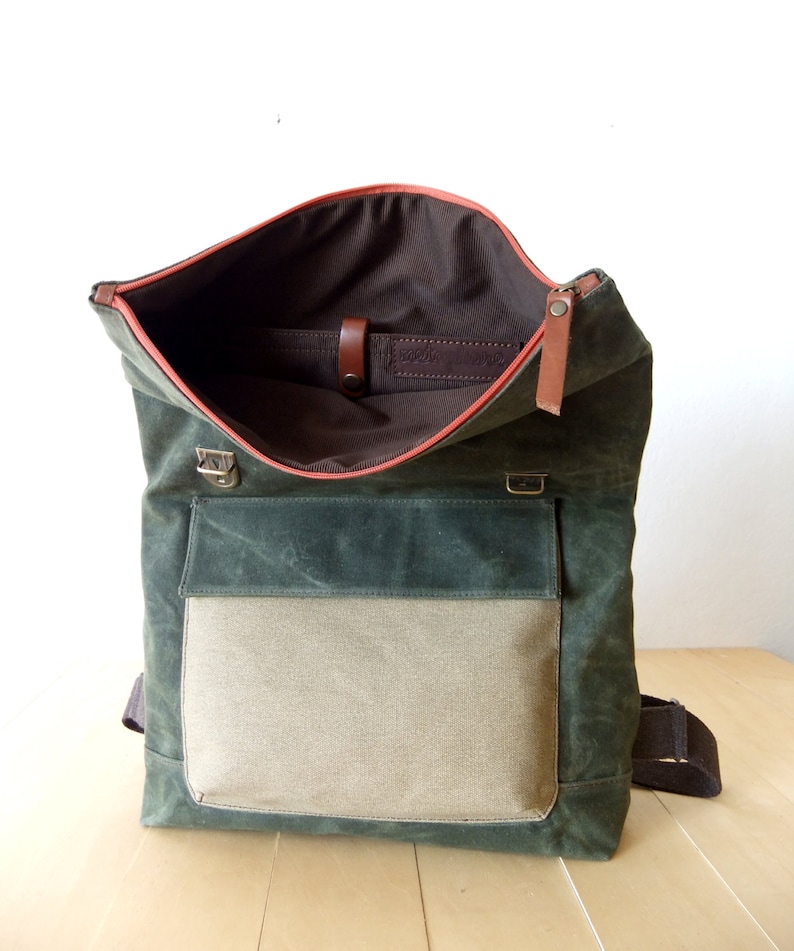 Waxed Canvas Backpack in Olive Green Adjustable Cotton Straps Orange Zipper Leather Accessories 15 Laptop-Waterproof image 5