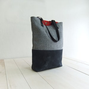 Black  Waxed Canvas Tote Bag Black Tweed Black Leather Straps Handmade Shoulder Tote Bag Red Lining Women Handbag