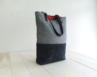 Black  Waxed Canvas Tote Bag Black Tweed Black Leather Straps Handmade Shoulder Tote Bag Red Lining Women Handbag