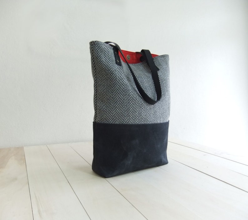 Black Waxed Canvas Tote Bag Black Tweed Black Leather Straps Handmade Shoulder Tote Bag Red Lining Women Handbag image 1