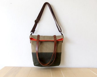 Waxed Canvas Tote Bag, Convertible Purse, Foldover Crossbody Bag,  Cotton Adjustable Strap, Leather Handles, Orange Lining, Green Bag