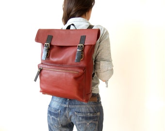 Leather Backpack in Burgundy - 15" Laptop - Father Days Gift - Adjustable Detachable Leather Straps - Zippered Pocket