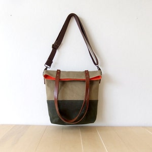 Waterproof Foldover Bag - Convertible Tote - Waxed Canvas Base - Cotton Adjustable Strap - Leather Handles - Orange Lining