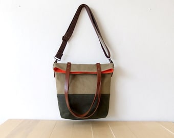 Waterproof Foldover Bag - Convertible Tote - Waxed Canvas Base - Cotton Adjustable Strap - Leather Handles - Orange Lining