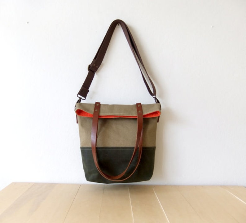 Waterproof Foldover Bag Convertible Tote Waxed Canvas Base Cotton Adjustable Strap Leather Handles Orange Lining image 1