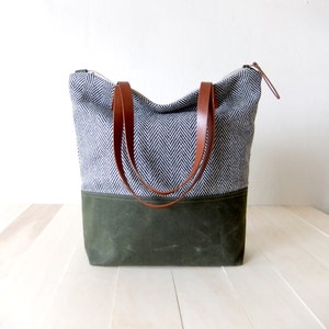 Zippered Tote Bag - Herringbone Tweed - Waxed Canvas Base in Olive Green - Leather Handles in Brown - Natural Lining - Shoulder Bag