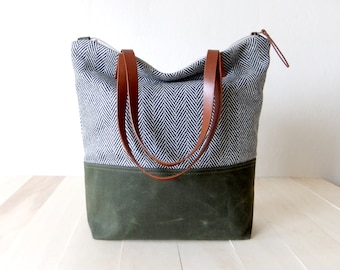 Zippered Tote Bag - Herringbone Tweed - Waxed Canvas Base in Olive Green - Leather Handles in Brown - Natural Lining - Shoulder Bag