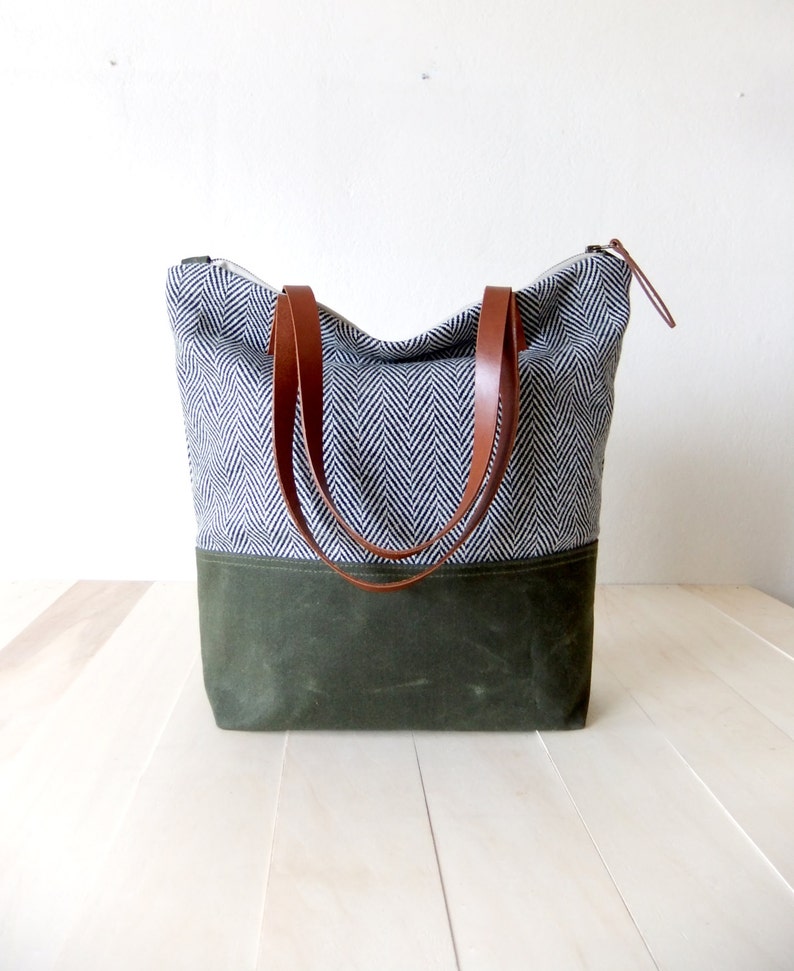 Zippered Tote Bag Herringbone Tweed Waxed Canvas Base in Olive Green Leather Handles in Brown Natural Lining Shoulder Bag image 1