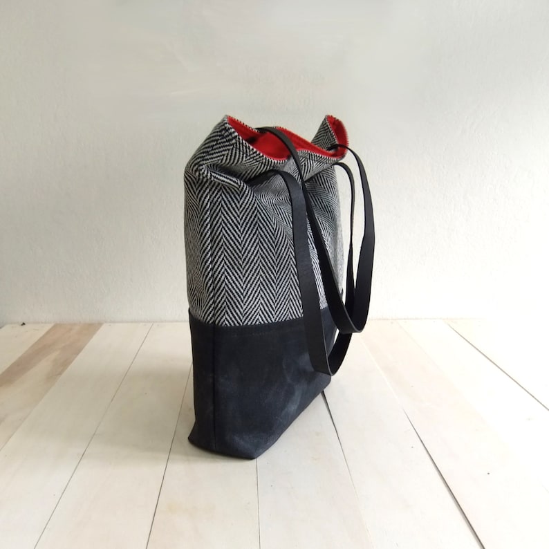 Black Waxed Canvas Tote Bag Black Tweed Black Leather Straps Handmade Shoulder Tote Bag Red Lining Women Handbag image 4