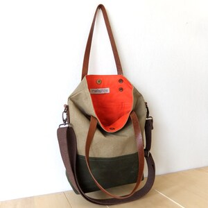 Waterproof Foldover Bag Convertible Tote Waxed Canvas Base Cotton Adjustable Strap Leather Handles Orange Lining image 5