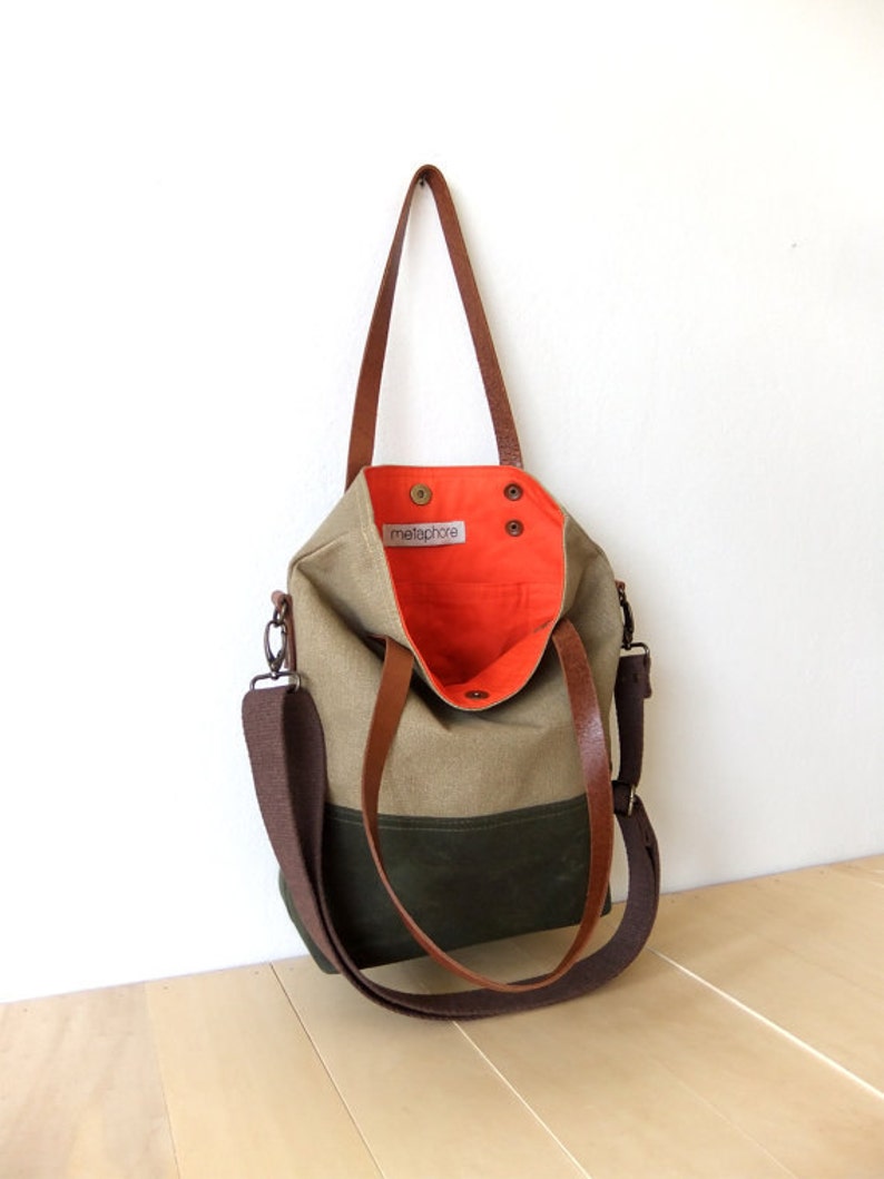 Waterproof Foldover Bag Convertible Tote Waxed Canvas Base Cotton Adjustable Strap Leather Handles Orange Lining image 5