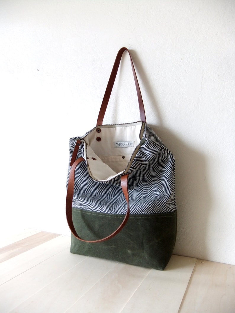 Zippered Tote Bag Herringbone Tweed Waxed Canvas Base in Olive Green Leather Handles in Brown Natural Lining Shoulder Bag image 2