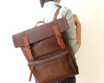 Leather Backpack in Dark Brown - 15" Laptop, Gift for Dad, Father's Day Gift, Adjustable Detachable Leather Straps - Zippered Pocket