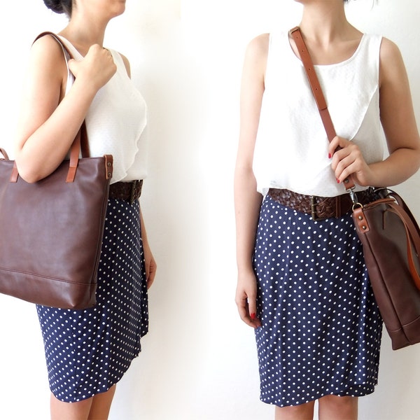 Leather Tote Bag in Dark Brown -  Light Brown Leather Handles - Adjustable Detachable Leather Strap - Zipper Closure