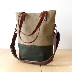 Waterproof Foldover Bag Convertible Tote Waxed Canvas Base Cotton Adjustable Strap Leather Handles Orange Lining image 2