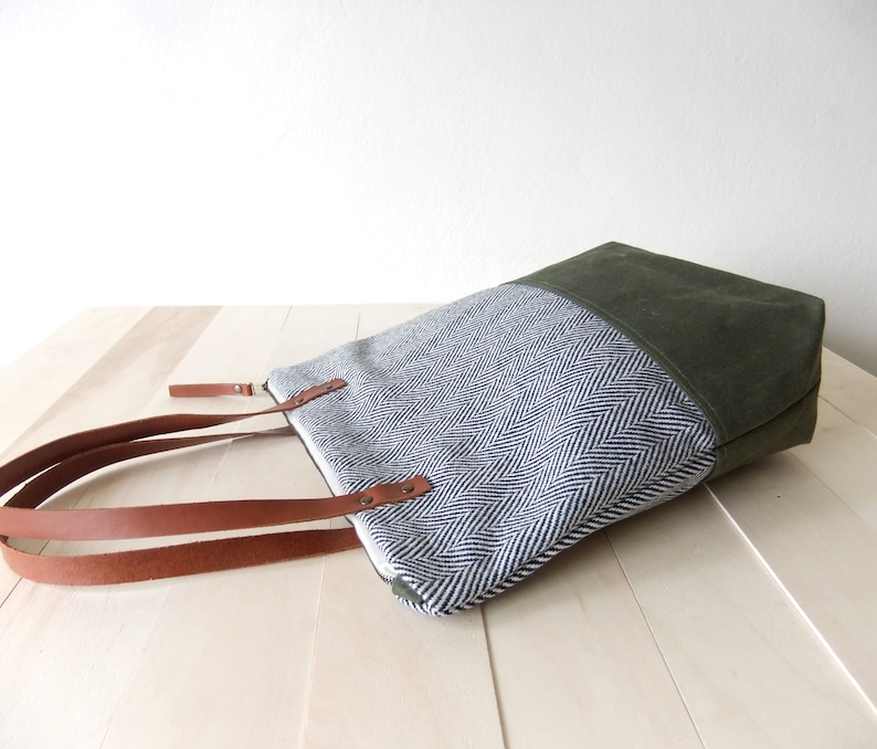 Zippered Tote Bag Herringbone Tweed Waxed Canvas Base in Olive Green Leather Handles in Brown Natural Lining Shoulder Bag image 5