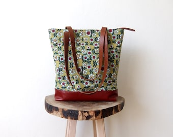 MOTHERS DAY SALE - Canvas Tote Bag - Red Leather Base - Colorful Floral Canvas  - Brown Leather Handles - Zippered Tote