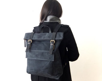 ALL BLACK - Waxed Canvas Backpack in Black - Fathers Day Gift - Zippered Foldover Closure - Leather Accessories - 15" - Waterproof