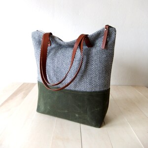 Zippered Tote Bag Herringbone Tweed Waxed Canvas Base in Olive Green Leather Handles in Brown Natural Lining Shoulder Bag image 3