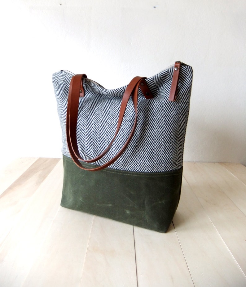 Zippered Tote Bag Herringbone Tweed Waxed Canvas Base in Olive Green Leather Handles in Brown Natural Lining Shoulder Bag image 3