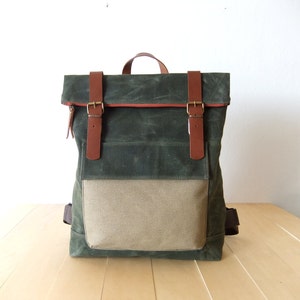 Waxed Canvas Backpack in Olive Green Adjustable Cotton Straps Orange Zipper Leather Accessories 15 Laptop-Waterproof image 1
