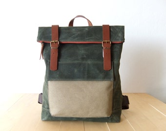 Waxed Canvas Backpack in Olive Green - Adjustable Cotton Straps - Orange Zipper - Leather Accessories - 15" Laptop-Waterproof