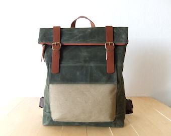 Waxed Canvas Backpack in Olive Green - Adjustable Cotton Straps - Orange Zipper - Leather Accessories - 15" Laptop-Waterproof