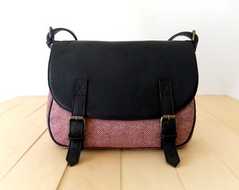 Leather & Canvas Messenger Bag black leather patterned purple velvet fabric shoulder bag handbag classic