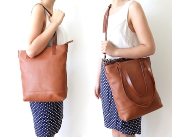 Brown Leather Handbag - Leather Tote Bag  -  Light Brown Leather Handles - zippered tote