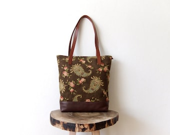 MOTHERS DAY SALE - Canvas Tote Bag - Leather Base - Paisley Floral Design Linen - Brown Leather Handles