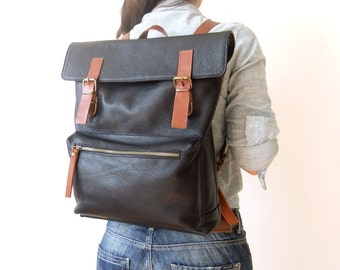 Leather Backpack in Black - 15" Laptop - Father Days Gift - Adjustable Detachable Leather Straps - Zippered Pocket