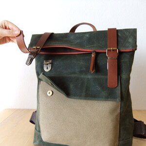 Waxed Canvas Backpack in Olive Green Adjustable Cotton Straps Orange Zipper Leather Accessories 15 Laptop-Waterproof image 4