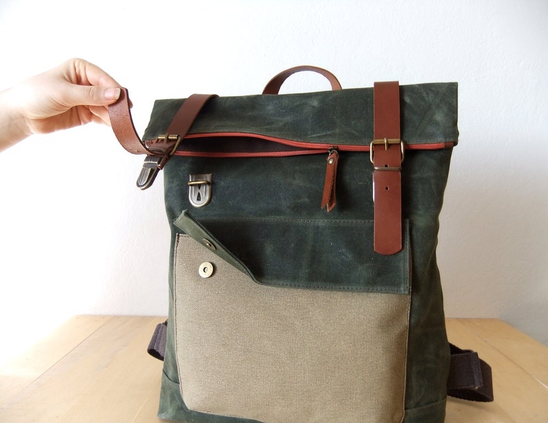 Waxed Canvas Backpack in Olive Green Adjustable Cotton Straps Orange Zipper Leather Accessories 15 Laptop-Waterproof image 4