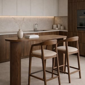 Moderne bartafel, keukeneilandtafel, Scandinavische consoletafel, blad van eikenfineer, massief houten onderstel, tafel op aanrecht, aangepast formaat