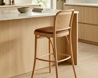 Mid Century Cane Bar Stool, Solid Beech Wood Counter Stool, Rattan Back Bar Chair, Scandinavian Kitchen Stool, Custom Height 65/75 cm