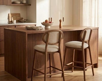 Modern Upholstered Bar Stool, Solid Wood Kitchen Island Chair, Scandinavian Counter Stool, Custom Height 65/70 cm, Handmade Beech Wood Stool
