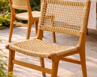 Woven Outdoor Chair, Solid Beech Wood Garden Chair, Handmade Patio Dining Chair, Natural Scandinavian Chair, Rope Seat Chair