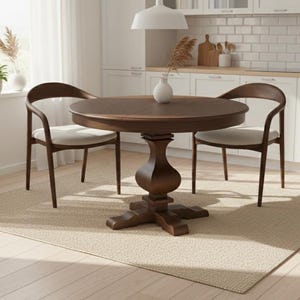 Puede incluir: Una mesa de comedor redonda, marrón oscuro, con base de pedestal, acompañada de dos sillas de madera con asientos color crema. La mesa está sobre una alfombra beige en una cocina luminosa. Un jarrón con tallos decorativos está sobre la mesa.