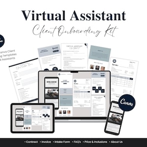 May include: A digital client onboarding kit for virtual assistants, featuring templates for Canva. The image displays a laptop, tablet, and phone showcasing various forms and documents, including contracts and invoices. The kit is designed to streamline client onboarding.