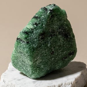 May include: A rough, crystalline green mineral specimen with dark black inclusions, resting atop a flat, irregular piece of white marble with a textured, jagged edge. The green stone features a granular, sparkling surface and an angular shape.