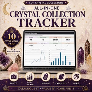 May include: A digital crystal collection tracker displayed on a laptop screen, featuring a dashboard with data tables and charts. The interface includes tabs for photos, value tracking, wishlists, care alerts, and goals, with text reading FOR CRYSTAL COLLECTORS.