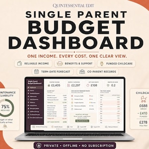 May include: A digital Single Parent Budget Dashboard displayed on a laptop screen. The interface features sections for income, outcomes, and childcare costs in British pounds. Text includes 'One income. Every cost. One clear view.' and 'Private. Offline. No subscription.'