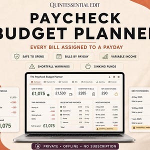 Op de afbeelding: Een digitale salarisbudgetplanner weergegeven op een laptopscherm. De interface bevat secties voor besteedbaar inkomen, rekeningen, spaarpotjes en waarschuwingen voor tekorten. De tekst luidt The Paycheck Budget Planner.