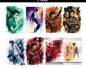 Puede incluir: Una colección de ilustraciones estilo acuarela que muestran a Michael Jackson en varias poses y atuendos. Las imágenes presentan colores vibrantes y composiciones dinámicas, con el texto "KING OF POP PNG" en la parte superior y "14 IMAGES" en la inferior.