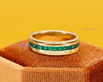 Groene smaragd onzichtbare setting trouwring | Uniseks Halve Eternity-ring | Gouden smaragdgroene band | Moderne minimalistische sieraden