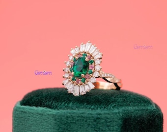 Groene smaragdgroene cluster verlovingsring, vintage stijl smaragdgroene ring, gouden halo bruidsring, unieke beloftering