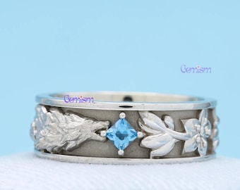 Unisex blauwe topaas diamanten draak trouwring met blad- en bloemmotief